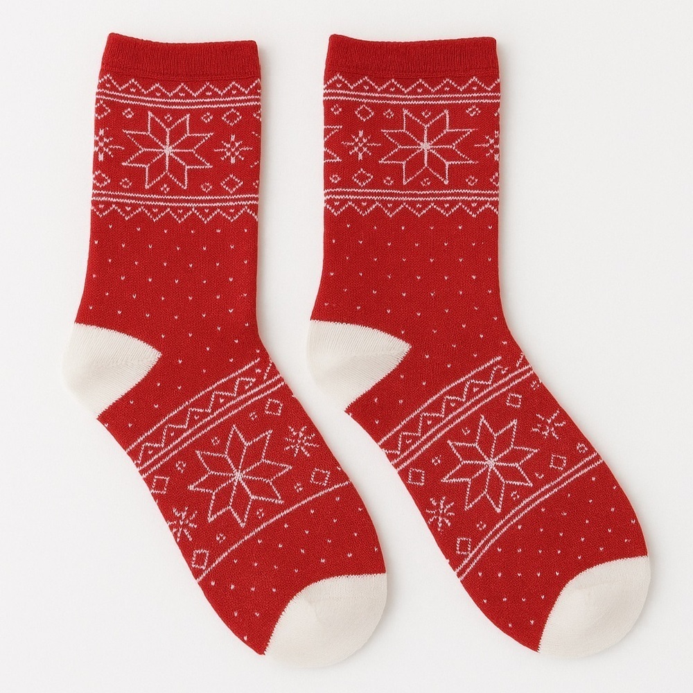 Red Holiday Socks With White Snowflake Design